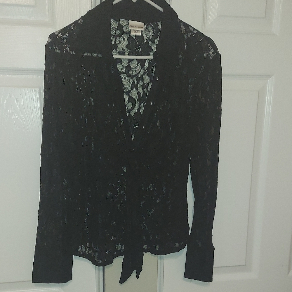 Newport News Black Lace Tie Front Blouse